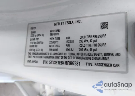 2021 Tesla Model 3 from USA, damaged, VIN 5YJ3E1EB4MF997381
